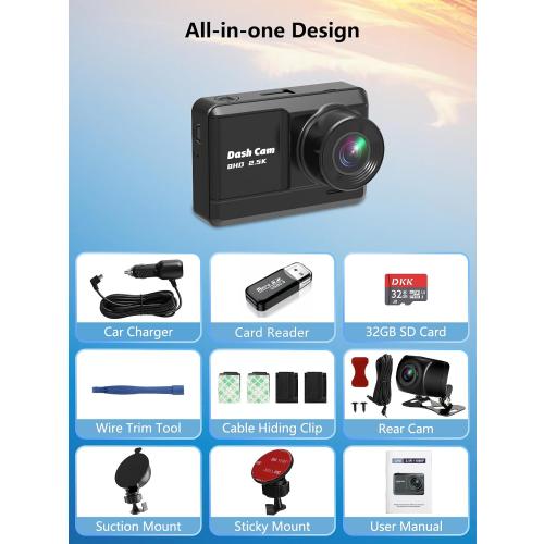Dash Cam Front and Rear, 2.5K 1080P Dual Dash Camera for Cars with 32GB SD Card, 2.45 inch IPS Screen, 2 Mounting Ways, Night Vision, WDR, Accident Lock, Loop Recording, Parking Monitor