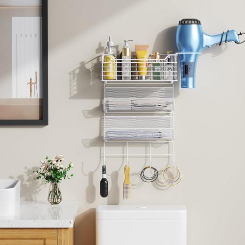 VITVITI Metal Hair Tool Organizer Wall Mount, Hair Dryer Holder with 3 Tier Shelf Basket Hooks, Bathroom Hair Styling Tool Organizer for Curling Iron/Blow Dryer/Straightener, White