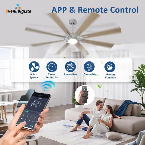 Large Ceiling Fans with Lights: Modern 72 Inch 8 Blade Outdoor Ceiling Fan with Remote APP Control - Dimmable Wood Big Fan light Indoor Reversible 6 Speed Quiet DC Motor