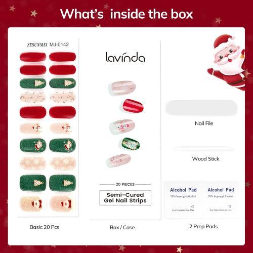 Lavinda Christmas Semi Cured Gel Nail Strips, 20 Pcs Snowman & Christmas Tree Nail Wraps with Plaid, Long-Lasting UV Gel Stickers, Salon Quality, Quick and Easy to Apply for Home Nails DIY