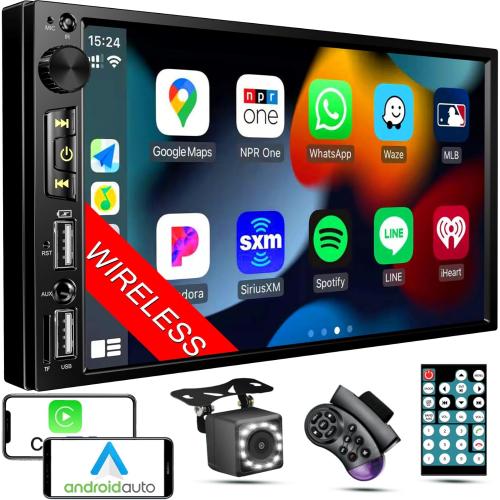 Wireless 7 inch Double Din Car Stereo with Apple Carplay,Bluetooth FM Car Radio,Backup Camera,HD IPS 1024 * 600 Touch Screen,Mirror Lin,Build-in Mic/USB/AUX/Android Auto/SWC/Audio