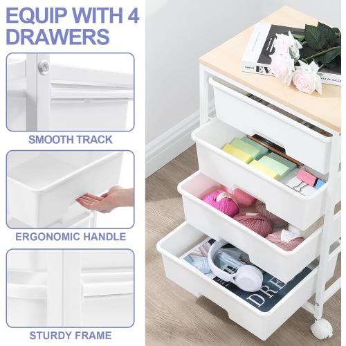 Utility Cart with 4 Drawers, Multipurpose Rolling Storage Cart with 4 Drawers and 2 Lockable Wheels, 4-Tier Rolling Storage Cart Organizer for Home Office Dorm, Bright White