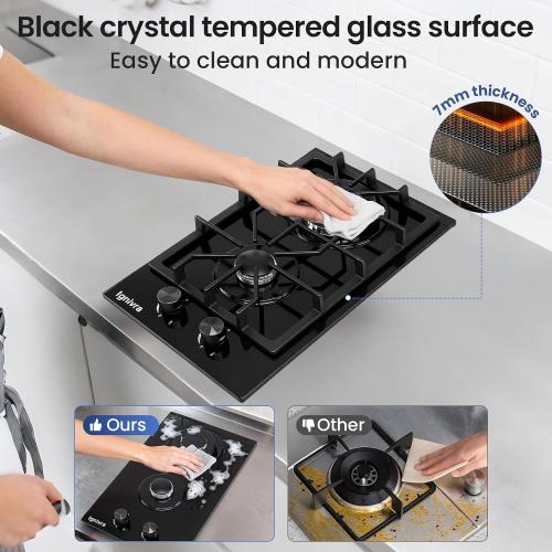 Gas Cooktop 2 Burner,12000W Built-in Gas Stove, Black Crystal Tempered Glass Propane Cooktop, 20.08x12.2 Top Propane Stove Indoor LPG/NG Dual Fuel Hob for Apartment Kitchen RV