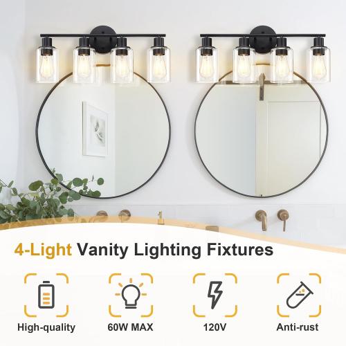 Pia Ricco Bathroom Vanity Light Fixtures, 4-Light Black Vanity Lights with Clear Glass Shades, Modern Wall Sconces Over Mirror, Bath Wall Sconces for Mirror Living Room Bedroom Hallway‼️doesn't come with light bulbs‼️