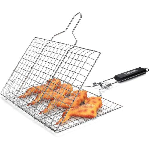 Fish Grilling Basket, Folding Portable Stainless Steel BBQ Grill Basket for Fish Vegetables Shrimp with Removable Handle, Come with Basting Brush and Storage Bag