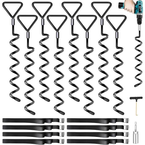 Black Trampoline Stakes Heavy Duty Trampoline Anchors Kit, Spiral Screw In Ground Anchors with Straps, Earth Anchors Earth Anchors Swing Set Anchors for Trampoline