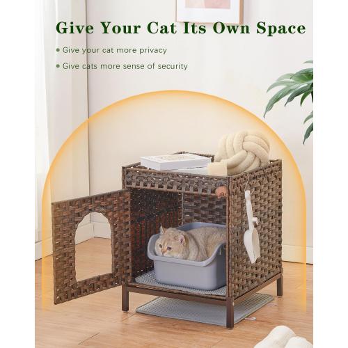 SETVSON Cat Litter Box Enclosure Hidden Litter Box Furniture with Metal Heightened Feet, Rattan Handwoven Cat House with Litter Mat, Hidden Litter Box Furniture for Bedroom Living Room Brown