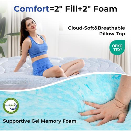HOMRELEXA Dual Layer 4 Inch Cooling Memory Foam Mattress Topper Queen Size, 2 Inch Thick Soft Quilted Ice Silk Pillow Top Cover Plus 2 Inch Gel Memory Foam Mattress Pad for Back Pain Relief
