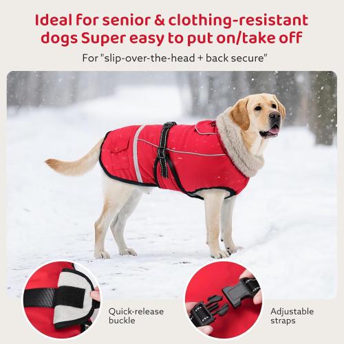 Dog Winter Coat Jacket Waterproof for XL Large Dogs, Reflective Pet Vest Warm Fleece Cozy for Cold Weather, Dogs Snowsuit Windproof, Adjustable Buckle