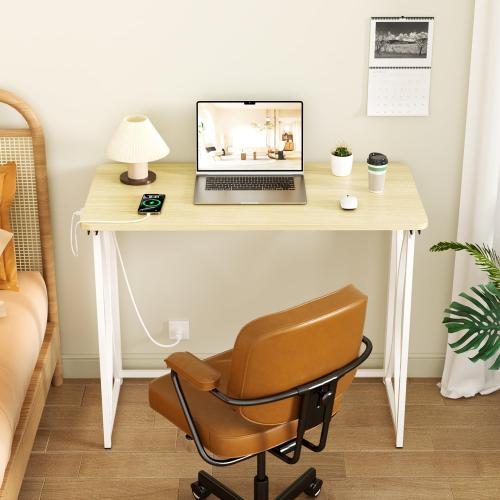 Folding Table, 31.5 Small Desk for Bedroom with Power Outlet, Space Saving Foldable Computer Desk for Home Office, Easy Assembly, Beige