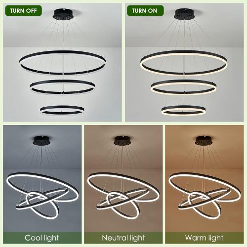D31.5 3 Rings Modern LED Chandelier Black Dimmable LED Pendant Light with Remote Control Circular Flush Mount High Ceiling Light for Dining Room Living Room Bedroom Foyer(3000K-6500K, H71)