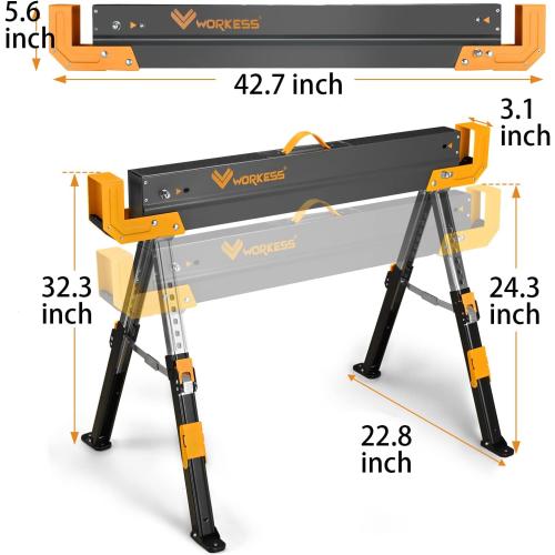 Saw Horses 2 Pack Folding, 2600 Lbs Load Capacity & 24-32 Inch Adjustable Height Heavy Duty Sawhorse Table with 2x4 Support Arms, Portable Folding Legs and Easy Grip Handle for Woodworking