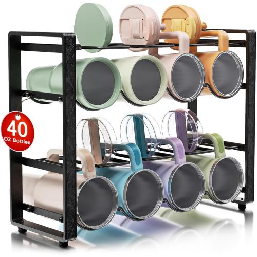 2-Tier Water Bottle Organizer for Cabinet - for Stanley 40 oz Tumbler, Anti-Rolling Cup Organizer for Kitchen Cabinets with Lid Storage, Water Bottle Holder for Cabinet Travel Mug Cup