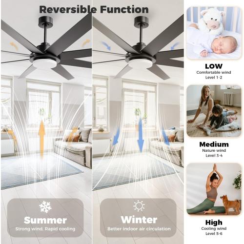Black 72 Inch Ceiling Fans with Lights and Remote, Outdoor Indoor Black LED Big Ceiling Fan Reversible 24db Quiet DC Motor, 6 Speed 3CCT Dimiable, Modern Ceiling Fans for Patios Living Room Farmhouse Garage