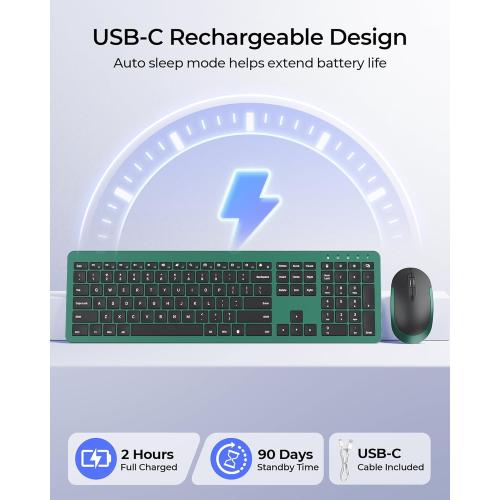 seenda Rechargeable Wireless Keyboard and Mouse Combo, Dark Green