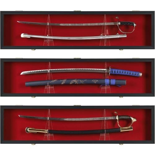 Sword Saber Display Case Cabinet Stand Holder Lightsaber Shadow Box Wall Mount Lockable with 98% UV Protection Red Color Felt (Black)