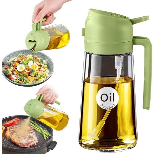 YRRAMATE 16oz/470ml Glass Olive Oil Sprayer for Cooking with Stickers, 2 in 1 Oil Dispenser for Kitchen Gadgets, Food Grade Premium Spray Bottle with Portion Control for Salad, Frying, BBQ (Green)