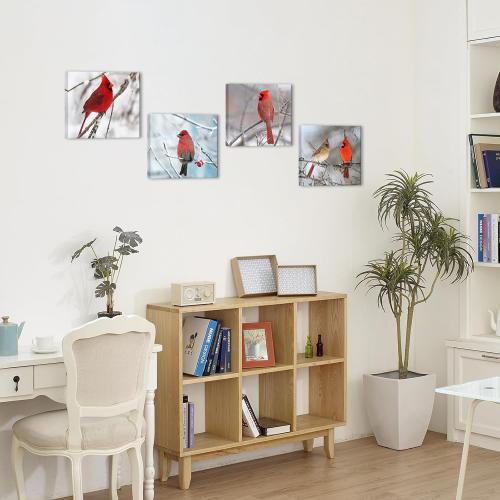 sechars - 4 Piece Modern Canvas Painting Wall Art Birds Red Cardinal on Snowy Branch Pictures Print for Living Room Decor Winter Landscape Poster Christmas Gift Gallery Wrap Ready to Hang