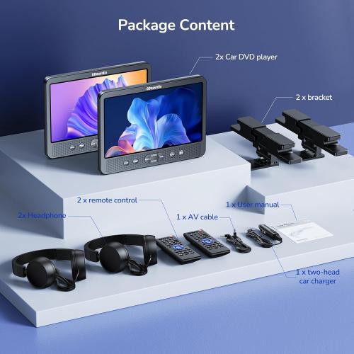 10.1 Dual Car DVD Players with HDMI Input, Headphones, Mounting Brackets, Headrest DVD Players for Car Support USB/SD Card, AV in/Out, Last Memory, Play A Same or Two Movies, No Battery