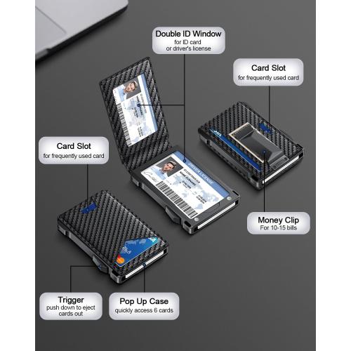 Wallet for Men RFID Wallet with 2 ID Windows & Money Clip, Slim Card Holder | 10-12 Cards Bifold Minimalist Smart Pop Up Wallet for Front Pocket Compact Metal Credit Card Holder Birthday Gifts for Men