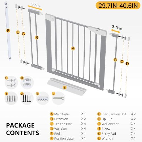 Cumbor 29.7-40.6 Baby Gate for Stairs, Mom's Choice Awards Winner-Dog Gates for Doorways, Pressure Mounted Auto-Close Pet Gates for Dogs Indoor, Safety Child Gate with Easy Walk Thru Door, Gray