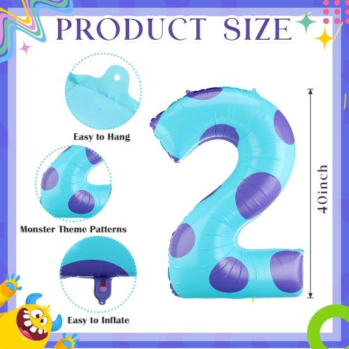 Monster Number 2 Balloons 40 Inch Monster Theme Birthday Party Decorations Large Foil Balloons for Girls Boys Birthday Baby Shower Party Backdrop Celebration Supplies