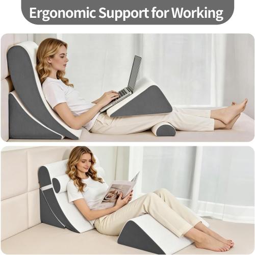 4PCS Orthopedic Bed Wedge Pillow Set for Post Surgery & Pain Relief, Adjustable Wedge Pillow for Back,Acid Reflux,Sitting up in Bed,Recovery,Snoring,Body Pillow for Sleeping (White/Dark Grey)