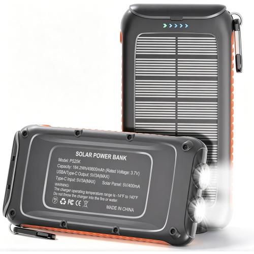 Solar Charger Power Bank 49800mAh, Portable Solar Phone Charger with 2 USB-A & USB-C Ports, 15W Fast Charging for iPhone, Samsung and More, Dual Flashlightfor Camping, Travel & Emergency Backup