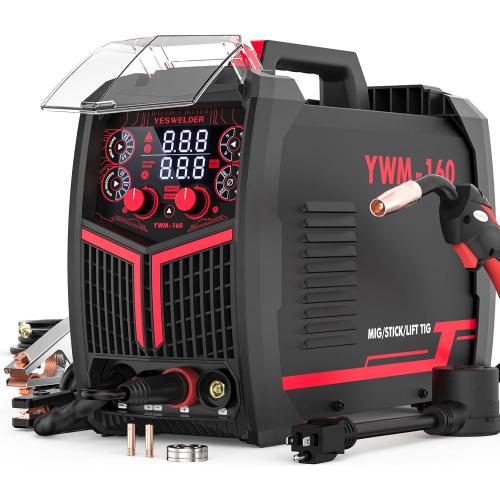 YESWELDER 160A MIG Welder, 110V/220V MIG/Flux Core/Lift TIG/Stick | 4-In-1, synergic control, clear digital display, efficient setup, beginner friendly