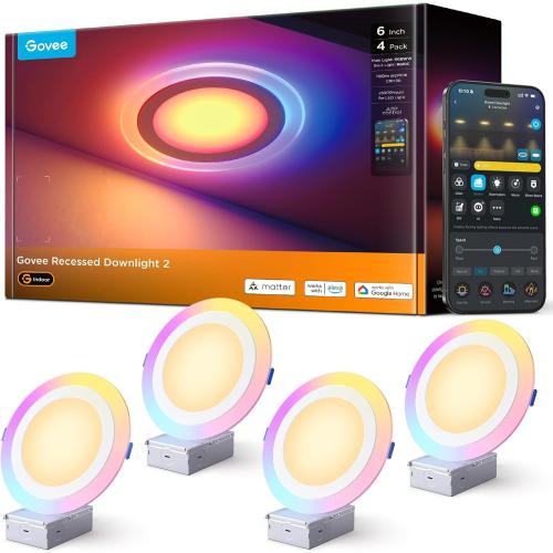 Govee Smart Recessed Lighting 6 Inch, Matter RGBIC LED Recessed Light Work with Alexa, Google Assistant, Dimmable 1100LM Canless Downlight with Junction Box for Living Room, Bedroom, Kitchen 4 Pack