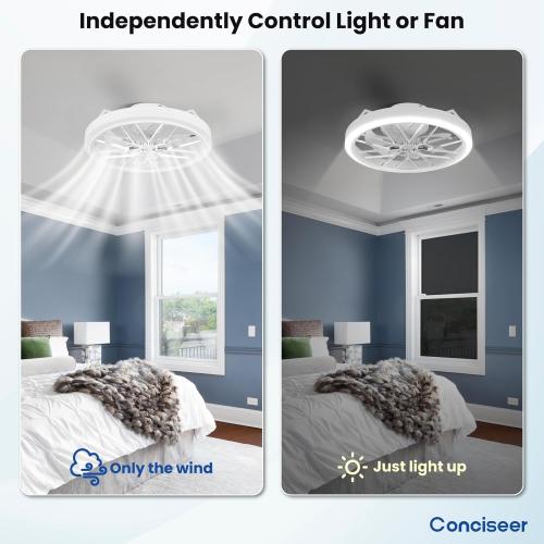 Conciseer Low Profile Ceiling Fan with Lights, 20 Inch Ceiling Fan with Light and Remote for Bedroom Living Room, 36W 3CCT Dimmable, 7 Blades 6 Speed Reversible Quiet DC Motor, LED 36W, White