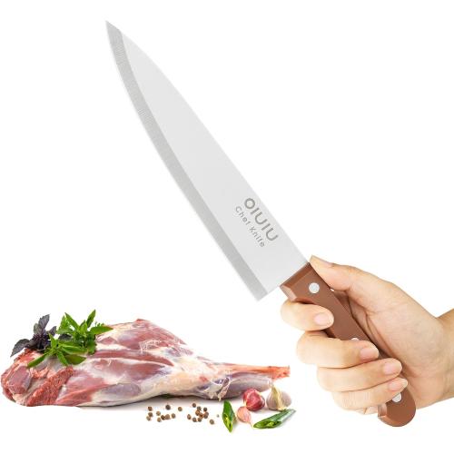 OLULU 8 inch Chef Knife, Razor Sharp Kitchen Knife with Protective Knife Sheath, Razor Sharp Slicing Knife with Ergonomic Handle, German Stainless Steel, Dishwasher Safe (Brown Color)