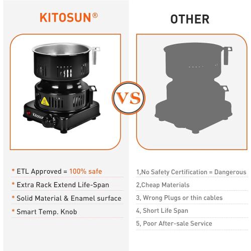 Electric Stove Coconut Charcoal Starter - ETL Approved Hot Plate Durable Faster Coal Burner 120V~600W with Detachable Handle Stainless Steel Grill & Rack Smart Heat Control Long Cable for BBQ Kitchen