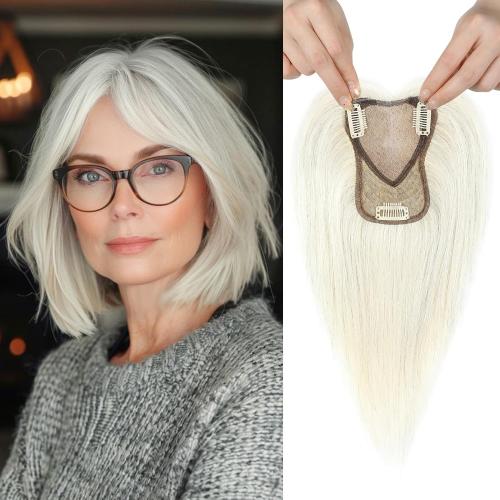 Color White REECHO Real Human Hair Topper, 10 inch Women Hair Toppers for Thinning Hair, 100 Percent Human Hair Large Coverage Natural Hairpiece Wiglet, Swiss Base 4.5x3.5, Yellow White