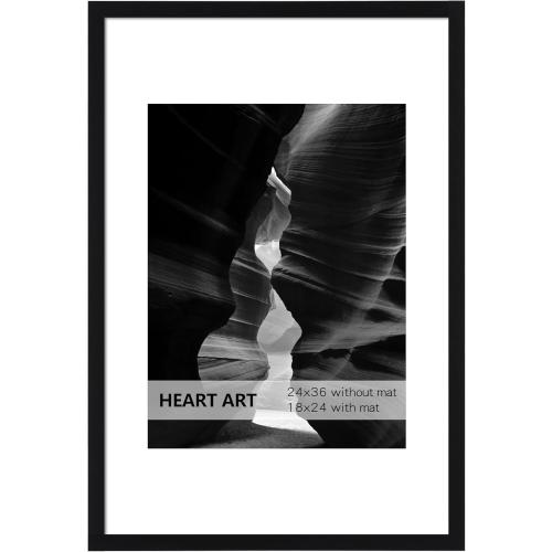 Black HEART ART 24x36 Poster Frame with Mat, Black Picture Frame, Display Pictures 18x24 with Mat or 24 x 36 Without Mat, Poster Frames 24 x 36 inches for Wall Mounting