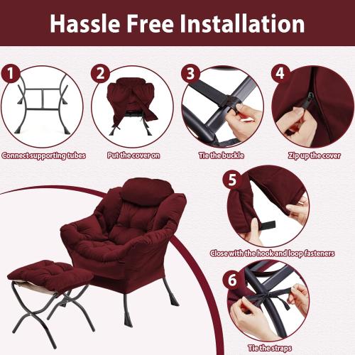 Lazy Chair with Folding Ottoman, Accent Chair Velvet Upholstered with Metal Structure and Non-Slip Pads, Sofa Armchair with Footrest and Side Storage Bag for Dorm, Room, Office, Burgundy