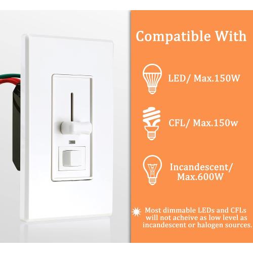 Cloudy Bay in Wall Dimmer Switch with Green Indicator,for LED Light/CFL/Incandescent,3-Way Single Pole Dimmable Slide,600 Watt max,Cover Plate Included,White,2 Pack