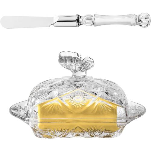 Glass Butter Dish with Lid and Stainless Steel Butter Knife, Farm House Butterfly Handle Thick Cover, European Butter Dishes, Sun Flower Butter Keeper Sticks Kitchen Dishwasher Safe