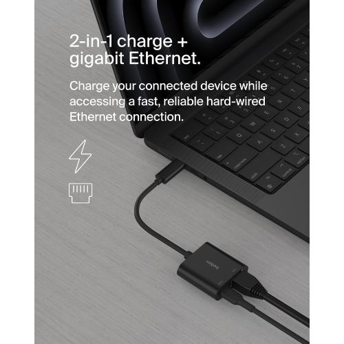 Belkin Connect USB-C to Ethernet   Charge Adapter 100W w/Gigabit Ethernet Port and USB-C Port - 10/100/1000 Mbps for Fast Internet Connection - Compatible with iPhone 17, Samsung Galaxy S25, & More