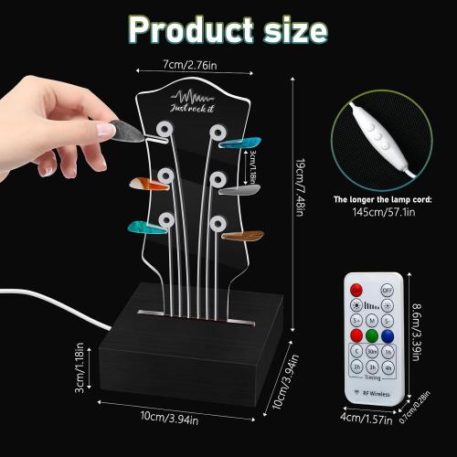 Guitar Pick Holder with with Remote Control & 7 Color LED Lights - Classic Headstock Shaped Display Case for 6 Picks, USB-Powered Music Decor & Nightlight Gift for Guitar Players
