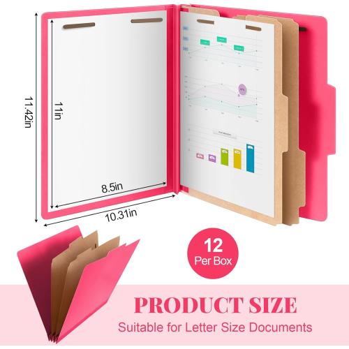 Skyygemm 12 Pcs Classification Folders Letter Size Bulk - 2 Dividers Pressboard File Folder with 3. 5 Inch Expansion, 2 Prongs Fastener, Heavy Duty Office File Organizer for Teacher Medical (Hot Pink)