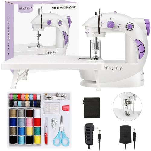 Magicfly Mini Sewing Machine with Extension Table, Dual Speed Portable Sewing Machine for Beginners with Light, Sewing Kit for Household Use, White