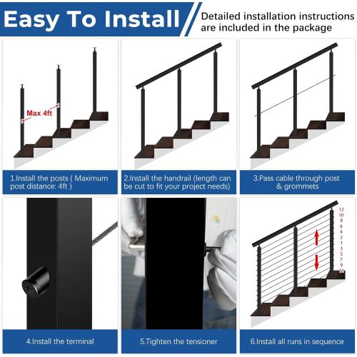 Size 2ft-4ft Color Black Complete Set 33° Drilled Cable Railing System 42 with Handrail Adjustable, T304 Stainless Steel Black Angle Cable Railing Posts Kit with 1/8 Cable Railing Hardware for 25-35° Step