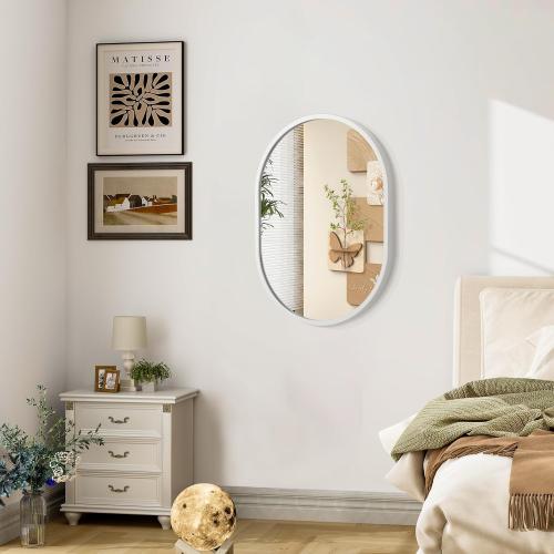 JJUUYOU Oval Bathroom Mirror Wall Mounted Vanity Metal Frame Mirror 16x20 White Aluminum Alloy Frame Mirrors for Bedroom Entryway Living Room