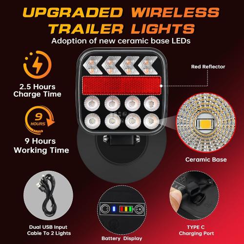 Wireless Trailer Lights, Adjustable Magnetic LED Trailer Lights with Reflectors, Rechargeable Tow Tail Light Kit for Trucks, Boats, RVs, Campers, IP67 Waterproof