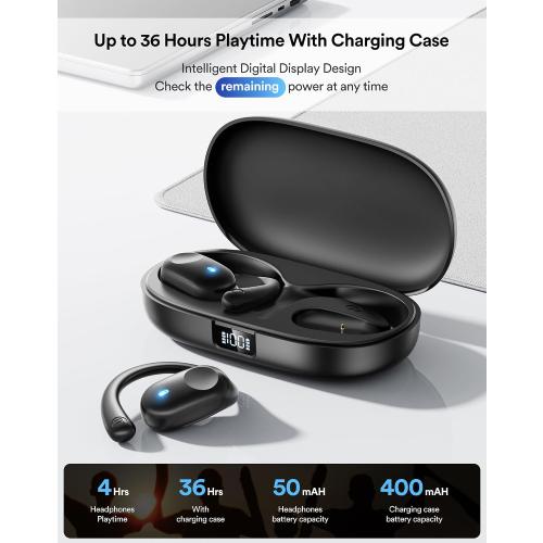 Eigsupia Open Ear Headphones, Bluetooth Headphones 5.3 Sports with Smart Digital Display, 36H Playtime, IP54 Waterproof, Wireless Earbuds Lightweight Design Fit Cycling, Running, Workout (Black)
