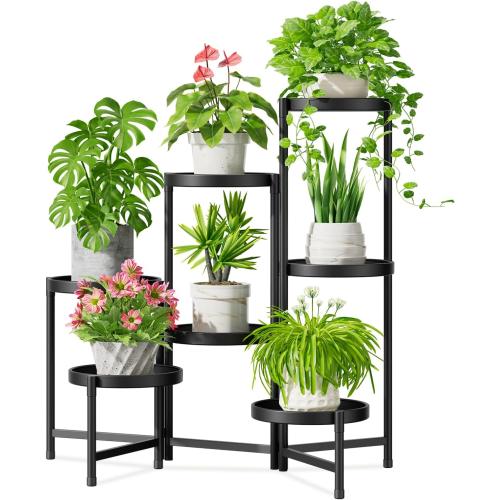 iDavosic.ly 7 Tier Large Plant Stand Indoor with 10 Inch Wide Tray, Tiered Corner Metal Outdoor Flower Display Holder Shelf, Folding Tall Rack for Patio Porch Living Room, Modern Black