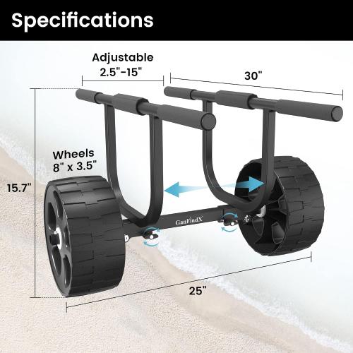 Color Black GanFindX Heavy-Duty Aluminum Kayak Cart Solid Airless Wheels,  Easy Detachable Assembly & Adjustable Width Kayak Dolly, Suitable for Kayak and Canoe