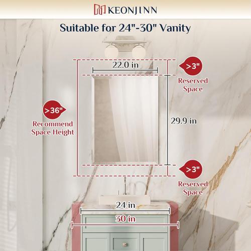 Keonjinn Size 22 x 30 Inch Frameless Bathroom Mirror, Beveled Mirrors for Bathroom Sink, Shatterproof Wall Mirror, Modern Decorative for Living Room, Entryway, Bedroom, Horizontal/Vertical