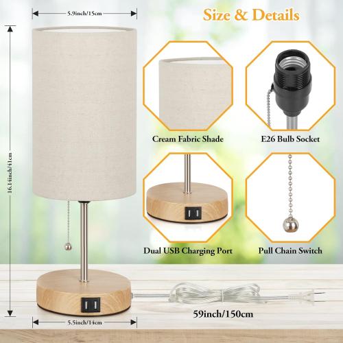 Lakumu Set of 2 Table Lamps with 2 USB Ports, Modern Bedside, Desk Lamps with Pull Chain, Nightstand Lamps with Cream Fabric Shade and Oak Metal Base for Living Room Bedroom Office Reading Dorm Hotel